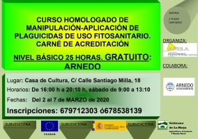 Ampliar información de Curso homologado de manipulación-aplicación de plaguicidas de uso fitosanitario. Carné de acreditación. Nivel básico, 25 horas. Gratuito.